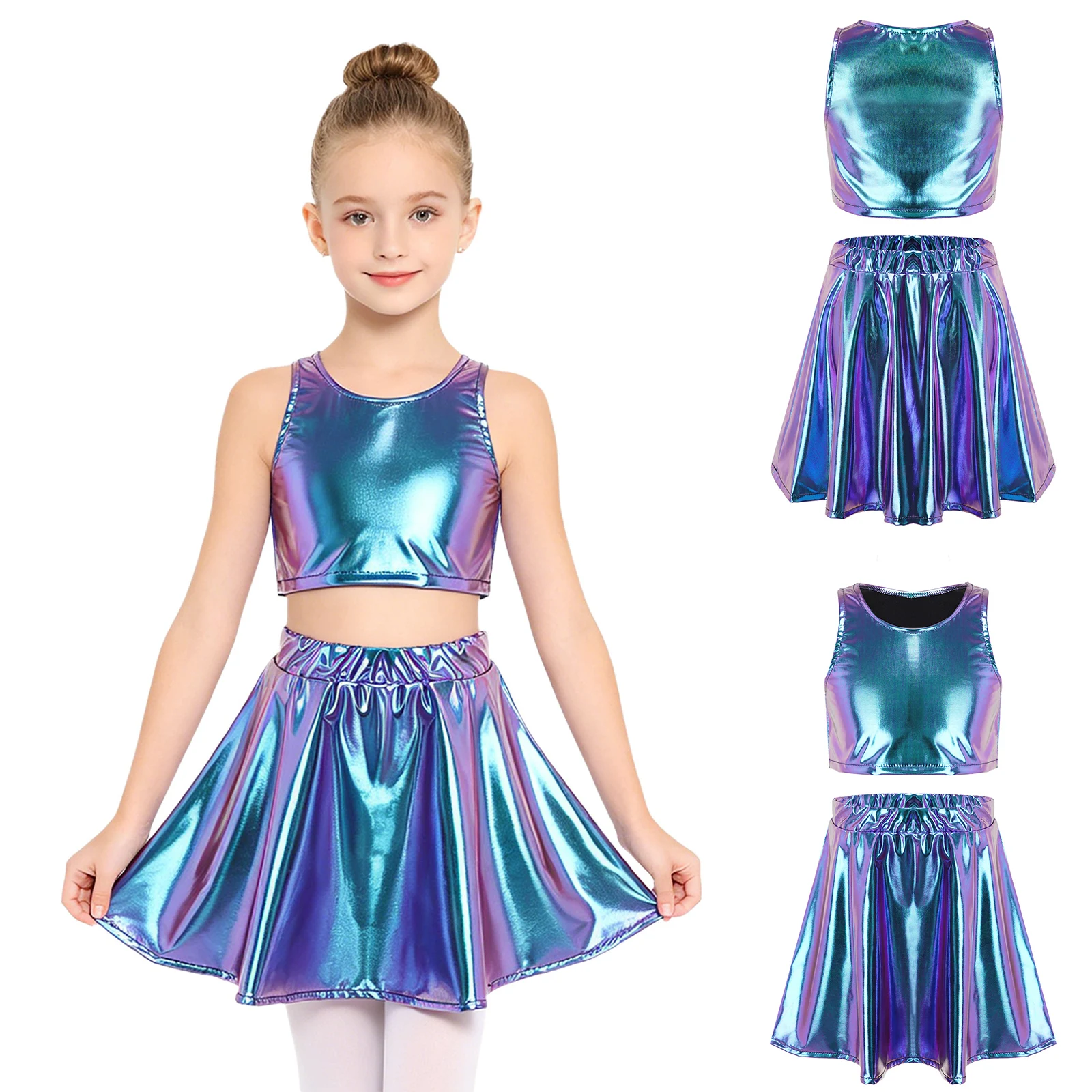 Kids Girls Cheerleading Competition Dance Costume Metallic Sleeveless Crop Top with Skirt Set for Hip Hop Ballet Dance Outfits
Kids Girls Cheerleading Competition Dance Costume Metallic Sleeveless Crop Top with Skirt Set for Hip Hop Ballet Dance Outfits