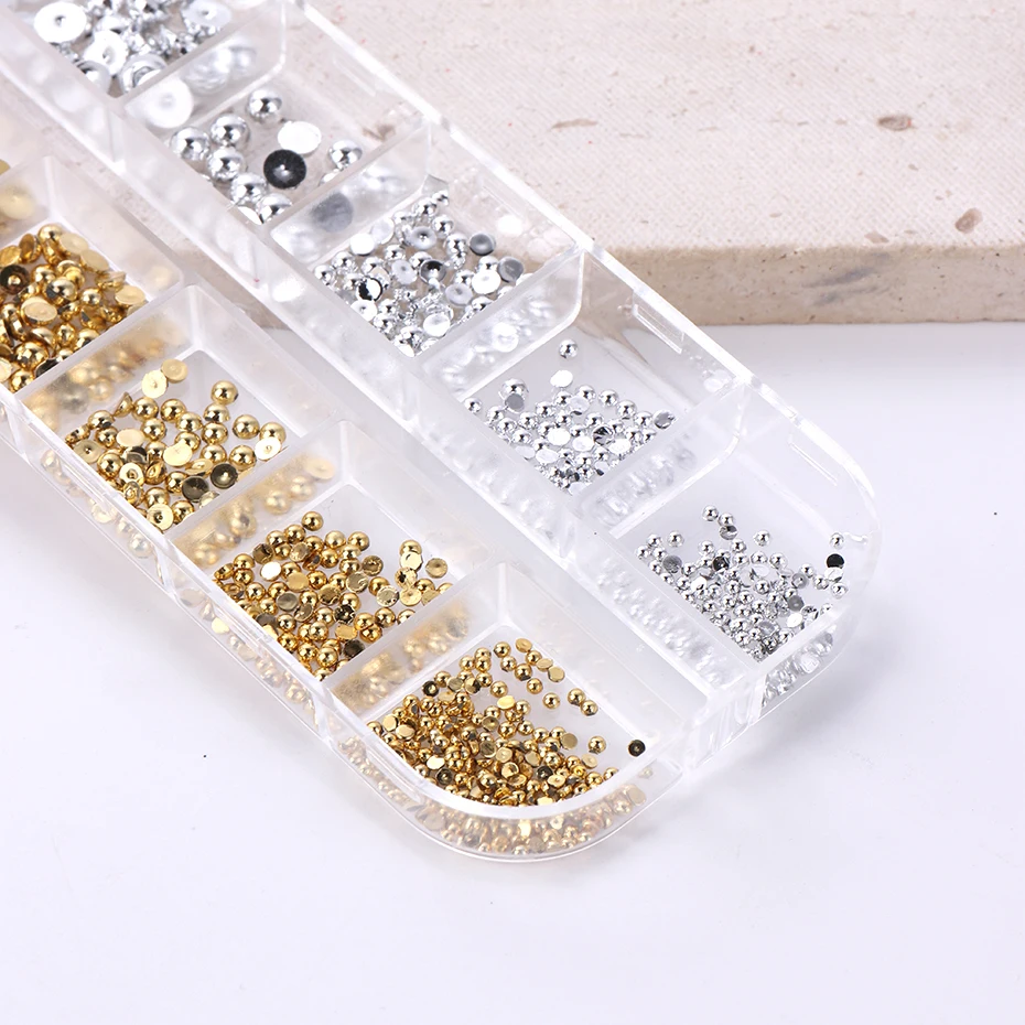 12Grids Gold Silver Color Mixed Type Flat Half Round Pearl Nail Parts Flatback Ornament 3D Jewelry Manicure Accessorie Supplies
12Grids Gold Silver Color Mixed Type Flat Half Round Pearl Nail Parts Flatback Ornament 3D Jewelry Manicure Accessorie Supplies