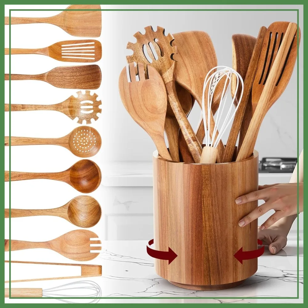 11 Pcs Wooden Kitchen Utensils Set with 360° Rotating Holder, Cooking Spoons Spatulas for Nonstick Cookware, Natural Acacia Wood
11 Pcs Wooden Kitchen Utensils Set with 360° Rotating Holder, Cooking Spoons Spatulas for Nonstick Cookware, Natural Acacia Wood