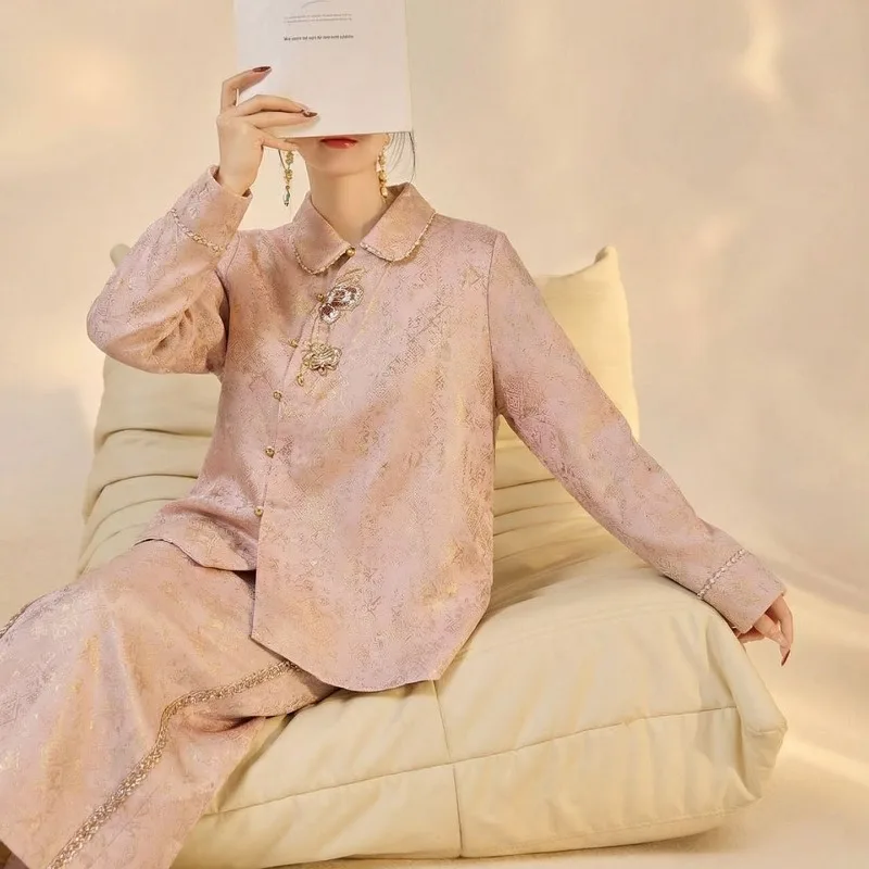 New Elegant Women Chinese Jacquard Doll Collar Shirt Temperament Top Skirt Fashion Suit
New Elegant Women Chinese Jacquard Doll Collar Shirt Temperament Top Skirt Fashion Suit