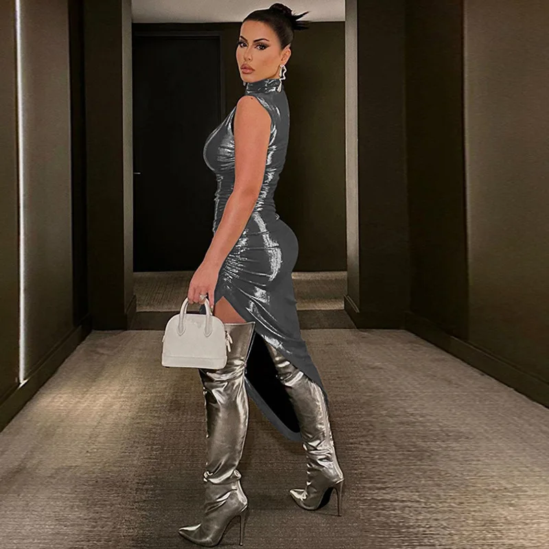 2023 Pu Leather Turtleneck Sleeveless Draped Slit Sexy Slim Midi Prom Dress Winter Women Elegant Birthday Party Outfit
2023 Pu Leather Turtleneck Sleeveless Draped Slit Sexy Slim Midi Prom Dress Winter Women Elegant Birthday Party Outfit