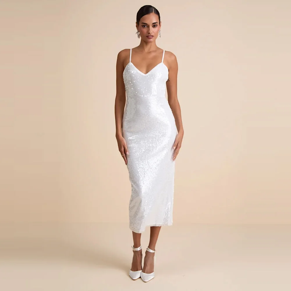 Women's Custom White Sequin Bodycon Midi Dress Spaghetti Strap V Neck Wedding Guest Bridesmaid Party Dress
Women's Custom White Sequin Bodycon Midi Dress Spaghetti Strap V Neck Wedding Guest Bridesmaid Party Dress