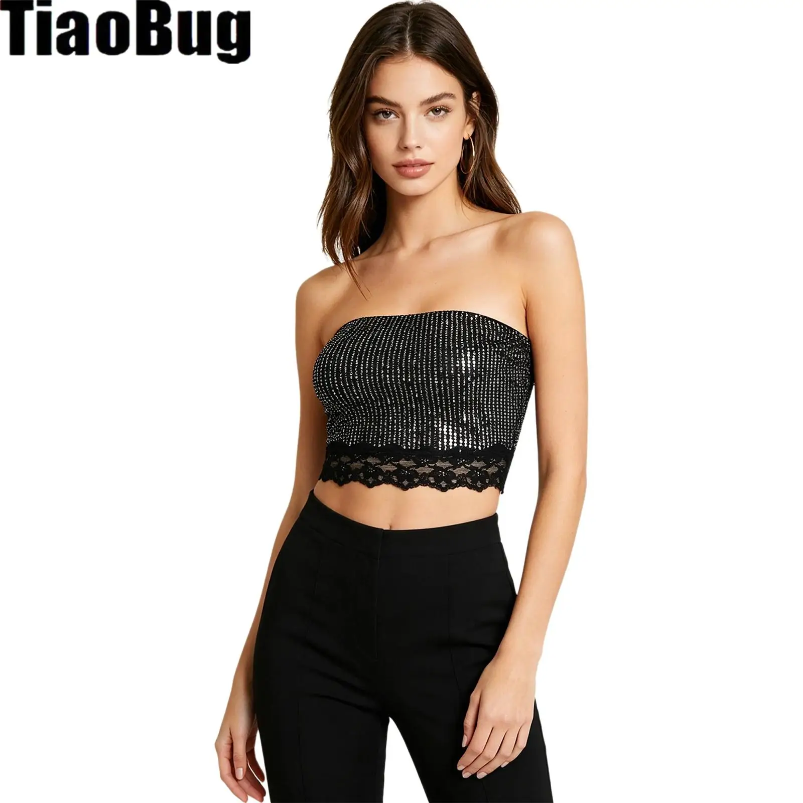 Women Glitter Sequins Tube Top with Floral Lace Trim Strapless Backless Stretchy Bandeau Crop Top for Party Clubwear
Women Glitter Sequins Tube Top with Floral Lace Trim Strapless Backless Stretchy Bandeau Crop Top for Party Clubwear