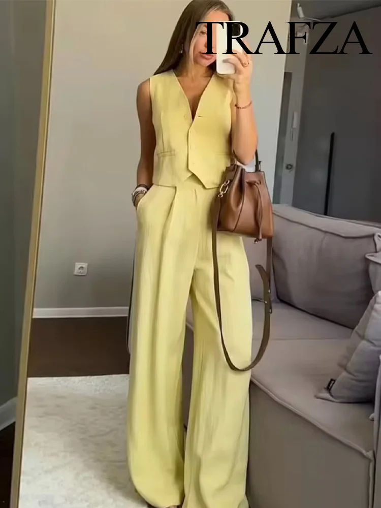 TRAFZA Women's Solid Pants Suit Loose V-Neck Single-breasted Loose Vest+Zipper Pocket High-Waisted Side Wide-leg Casual Pant
TRAFZA Women's Solid Pants Suit Loose V-Neck Single-breasted Loose Vest+Zipper Pocket High-Waisted Side Wide-leg Casual Pant