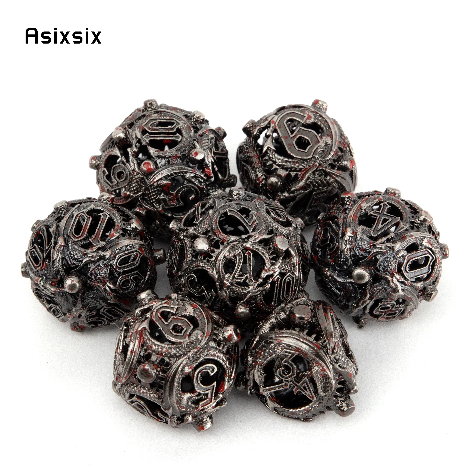 7 Pcs Silver Red Circular Dragon Metal Dice Hollow Metal Polyhedral Dice Suitable for Role-Playing RPG Board Game Card Game
7 Pcs Silver Red Circular Dragon Metal Dice Hollow Metal Polyhedral Dice Suitable for Role-Playing RPG Board Game Card Game