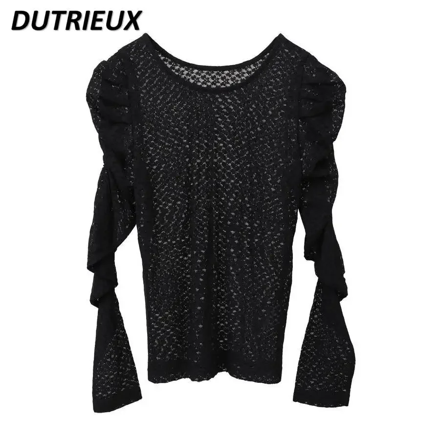 Spring and Summer New Versatile Top Hollow Bottom Lace Shirt Sweet Solid Color Round Neck Slim-fitting Long-sleeved T-shirt 
Spring and Summer New Versatile Top Hollow Bottom Lace Shirt Sweet Solid Color Round Neck Slim-fitting Long-sleeved T-shirt