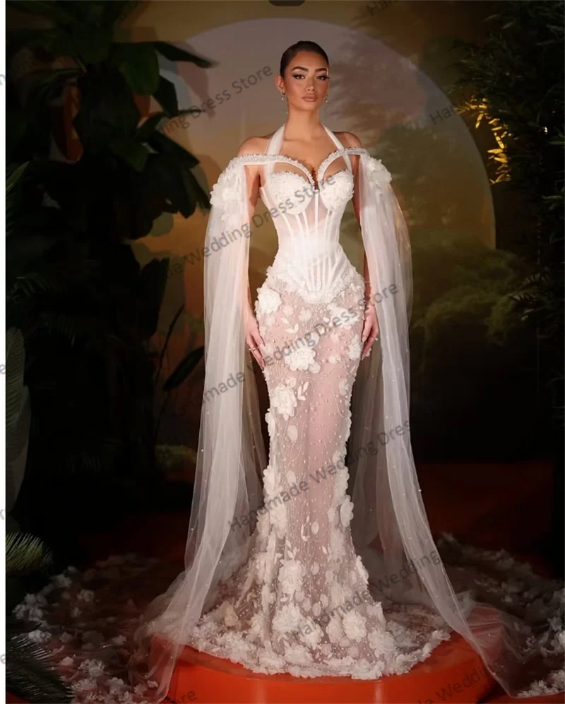 Ivory Wrap Cape Wedding Dress Sexy Halter Sleeveless Luxury 3D Flower Mermaid Bridal Gown Customized Beach Garden Long Robe
Ivory Wrap Cape Wedding Dress Sexy Halter Sleeveless Luxury 3D Flower Mermaid Bridal Gown Customized Beach Garden Long Robe