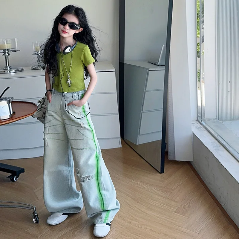 Girls Fashion Rhinestone Embellished Jeans Summer New Style Big Kids Korean Version Cool Wide Leg Pants Children's Trousers
Girls Fashion Rhinestone Embellished Jeans Summer New Style Big Kids Korean Version Cool Wide Leg Pants Children's Trousers