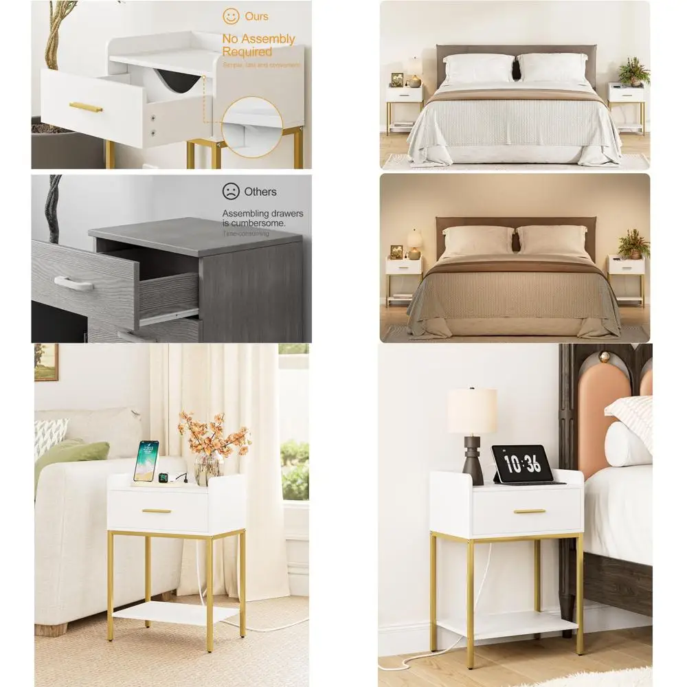 Contemporary Charging Station Nightstand with Drawer and Open Shelf in White & Gold
Contemporary Charging Station Nightstand with Drawer and Open Shelf in White & Gold