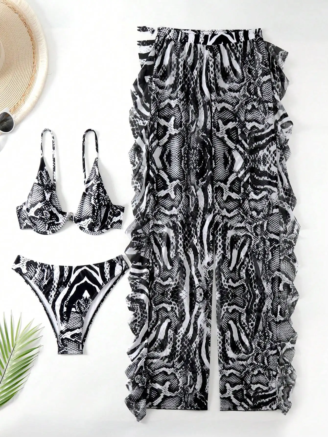 Snakeskin Print Bikini Set With Ruffled Cover Up Pants For Women Summer
Snakeskin Print Bikini Set With Ruffled Cover Up Pants For Women Summer