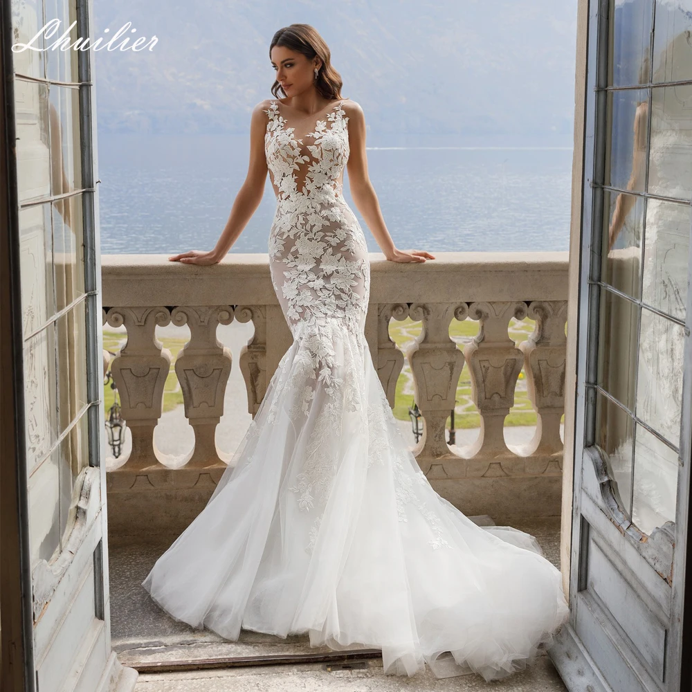 Lhuilier Customized Scoop Neck Mermaid Lace Wedding Dresses Sleeveless Illusion Bridal Gowns with Court Train
Lhuilier Customized Scoop Neck Mermaid Lace Wedding Dresses Sleeveless Illusion Bridal Gowns with Court Train