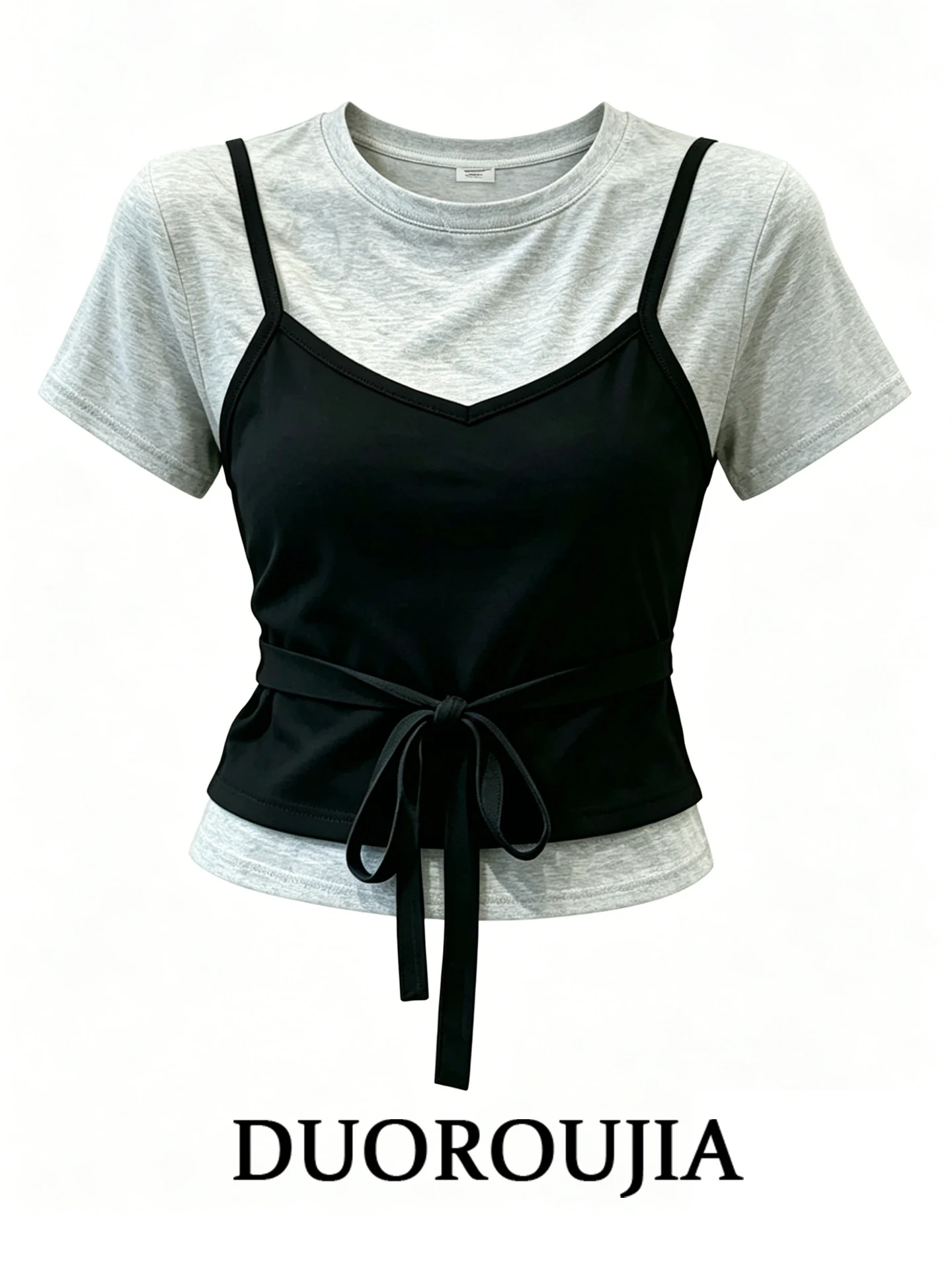 Slim Fit Short Sleeve T-Shirt Women's Summer plus Size Color Block Belted Fake Two-Piece Top Korean Style High Waist Printed
Slim Fit Short Sleeve T-Shirt Women's Summer plus Size Color Block Belted Fake Two-Piece Top Korean Style High Waist Printed