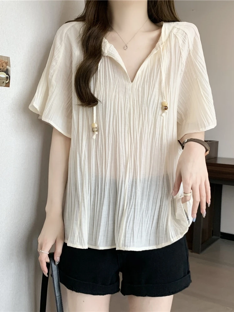 Summer Women's V-Neck Short Sleeve T-Shirt Texture Wrinkle Base Shirt plus Size Slimming Belly Covering Korean Style Top
Summer Women's V-Neck Short Sleeve T-Shirt Texture Wrinkle Base Shirt plus Size Slimming Belly Covering Korean Style Top