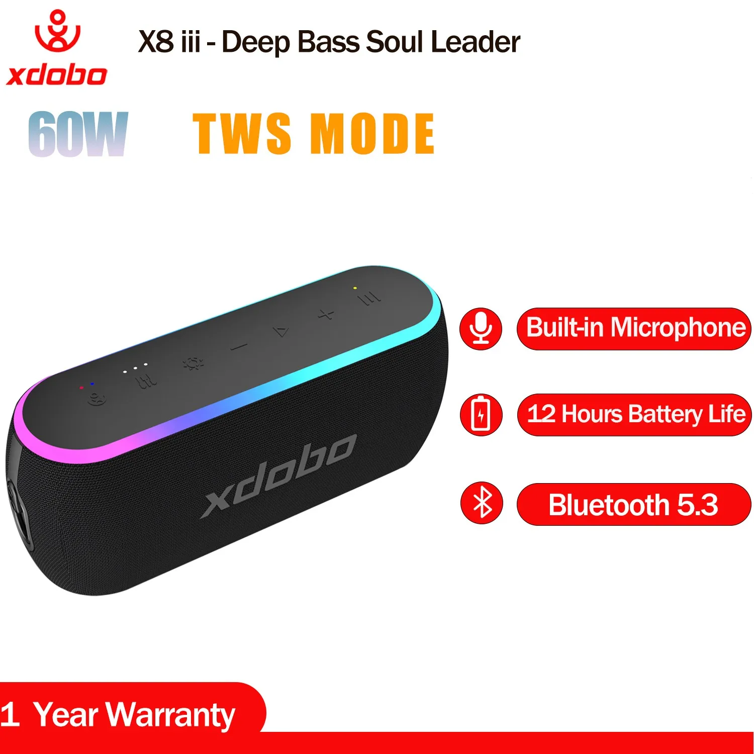 Xdobo X8III 60 Вт громкий Bluetooth-динамик со стереозвуком, встроенный блок питания, IPX7 водонепроницаемый, для дома вечерние, улицы
Xdobo X8III 60 Вт громкий Bluetooth-динамик со стереозвуком, встроенный блок питания, IPX7 водонепроницаемый, для дома вечерние, улицы