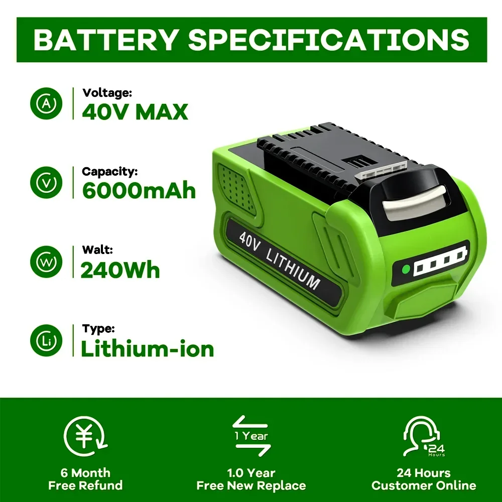 40V For GreenWorks G-MAX 29252 20202 22262 27062 21242 Replacement of Electric Tools 40V 6000-10000mAh Lithium ion Battery 29472
40V For GreenWorks G-MAX 29252 20202 22262 27062 21242 Replacement of Electric Tools 40V 6000-10000mAh Lithium ion Battery 29472