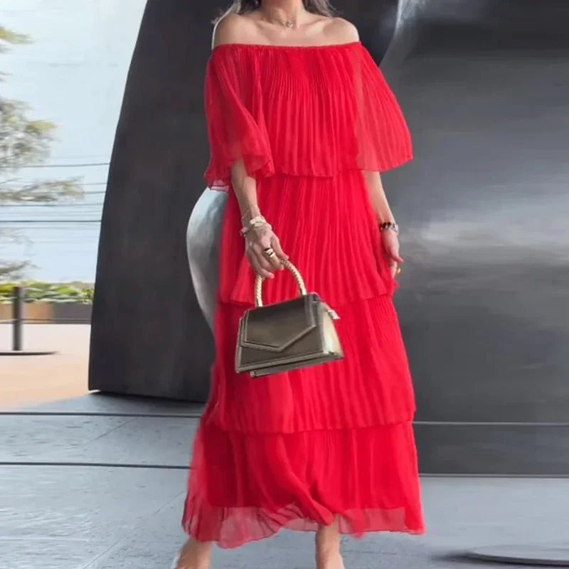Women Slash Neck Off Shoulder Pleated Long Dress Spring Elegant Solid Ruffle Party Dress Summer Butterfly Sleeve Boho Maxi Dress
Women Slash Neck Off Shoulder Pleated Long Dress Spring Elegant Solid Ruffle Party Dress Summer Butterfly Sleeve Boho Maxi Dress