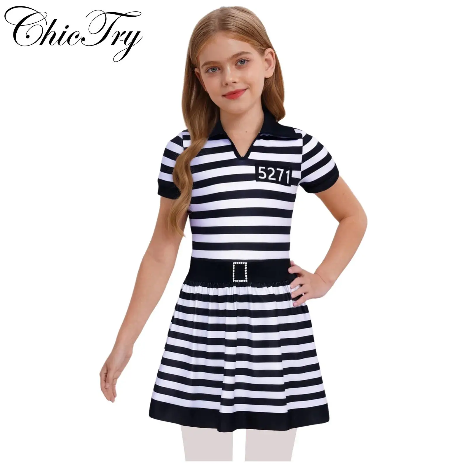 Kids Girl Striped Dress Prisoner Cosplay Costume Halloween Dress Up V Neck Short Sleeve Crotch Press Button Ruffled A-Line Skirt
Kids Girl Striped Dress Prisoner Cosplay Costume Halloween Dress Up V Neck Short Sleeve Crotch Press Button Ruffled A-Line Skirt