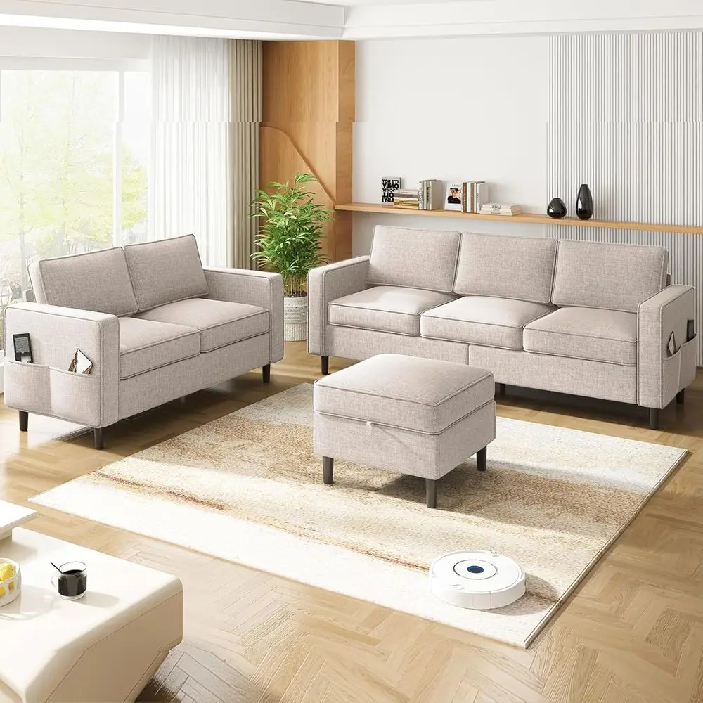 Linen Fabric L-Shaped Sofa Set with 3-Seater and Loveseat, Plus Ottoman, Beige
Linen Fabric L-Shaped Sofa Set with 3-Seater and Loveseat, Plus Ottoman, Beige