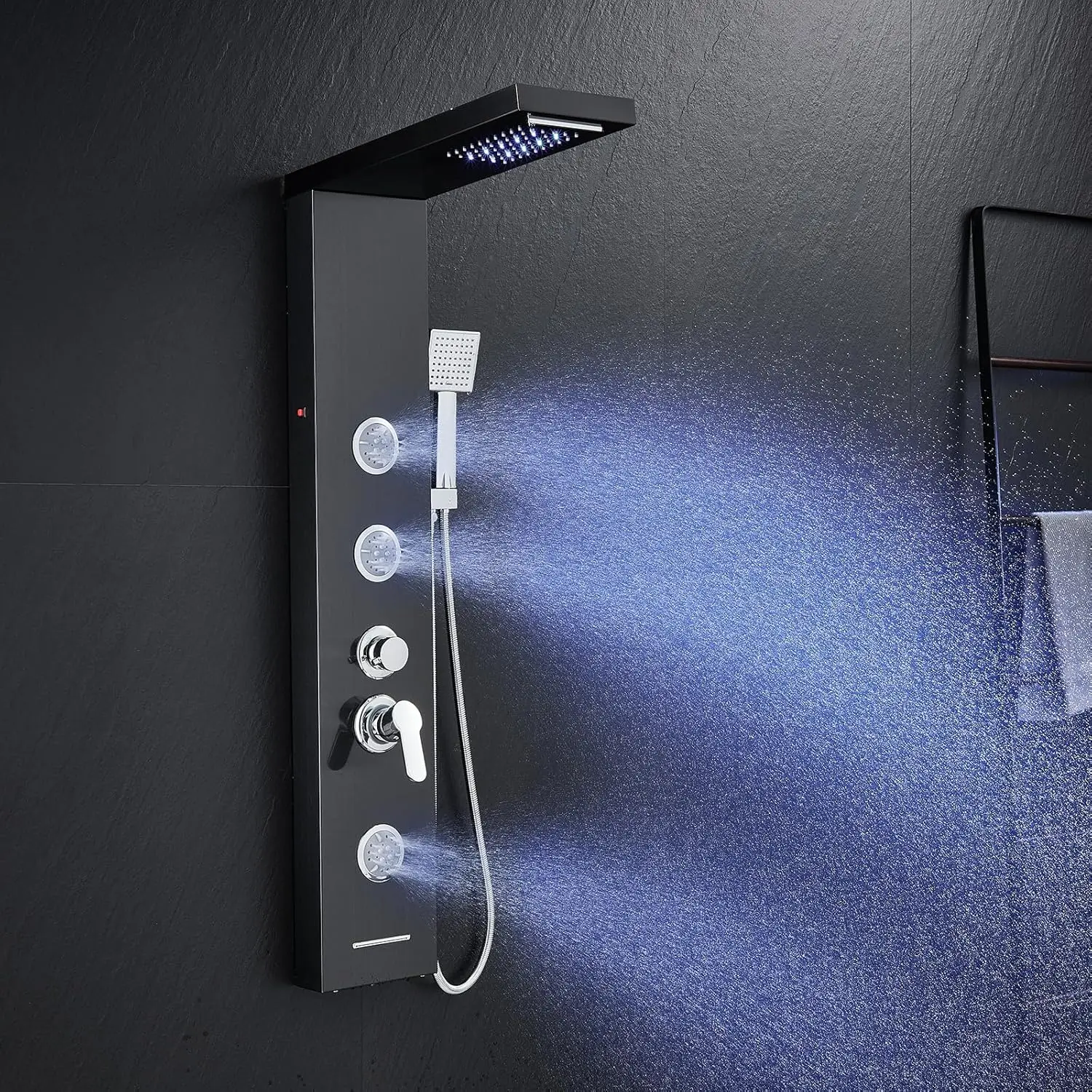 LED Shower Panel Tower System with Rainfall Waterfall Shower Black Shower Tower with Jets and Rainfall and Handheld 5 in 1
LED Shower Panel Tower System with Rainfall Waterfall Shower Black Shower Tower with Jets and Rainfall and Handheld 5 in 1