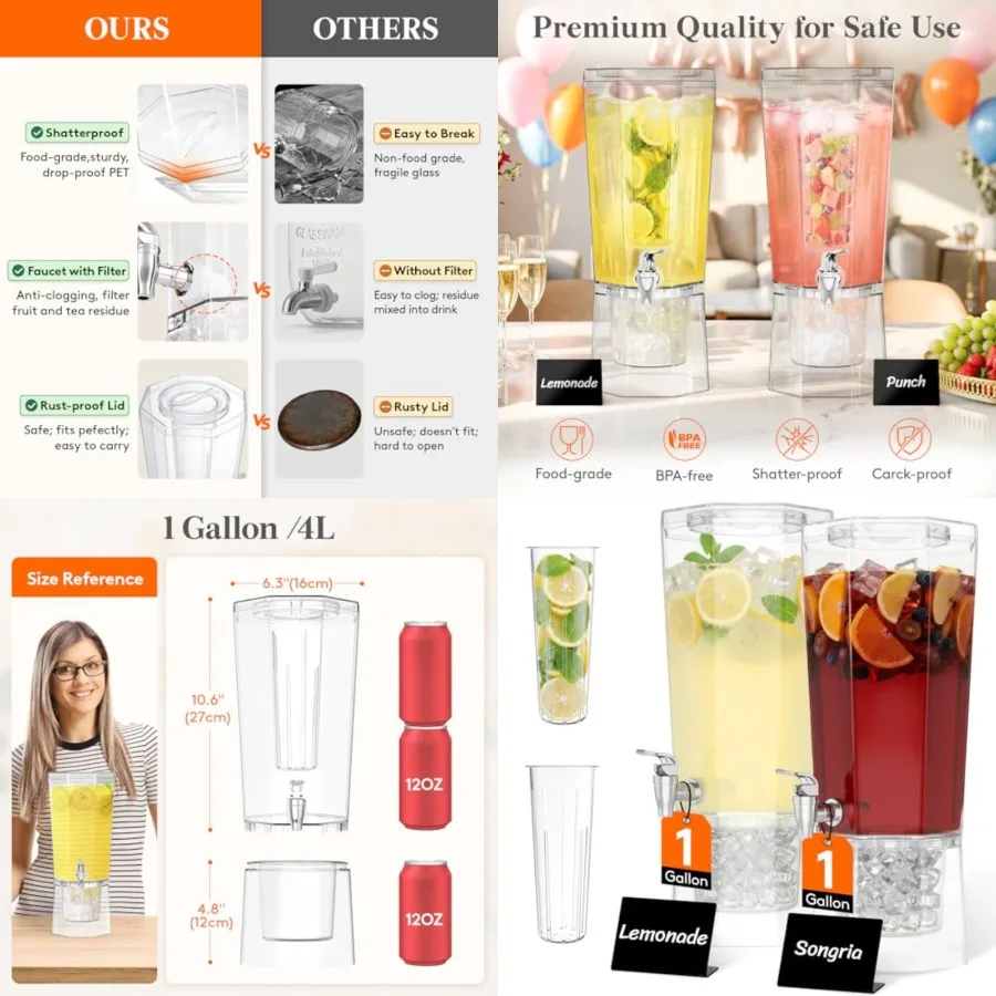 Gallon Drink Dispenser for Parties Pcs, Plastic Beverage Container for Juice/Tea/Soda with Stand Ice Core, Clear Lemonade Dispe
Gallon Drink Dispenser for Parties Pcs, Plastic Beverage Container for Juice/Tea/Soda with Stand Ice Core, Clear Lemonade Dispe