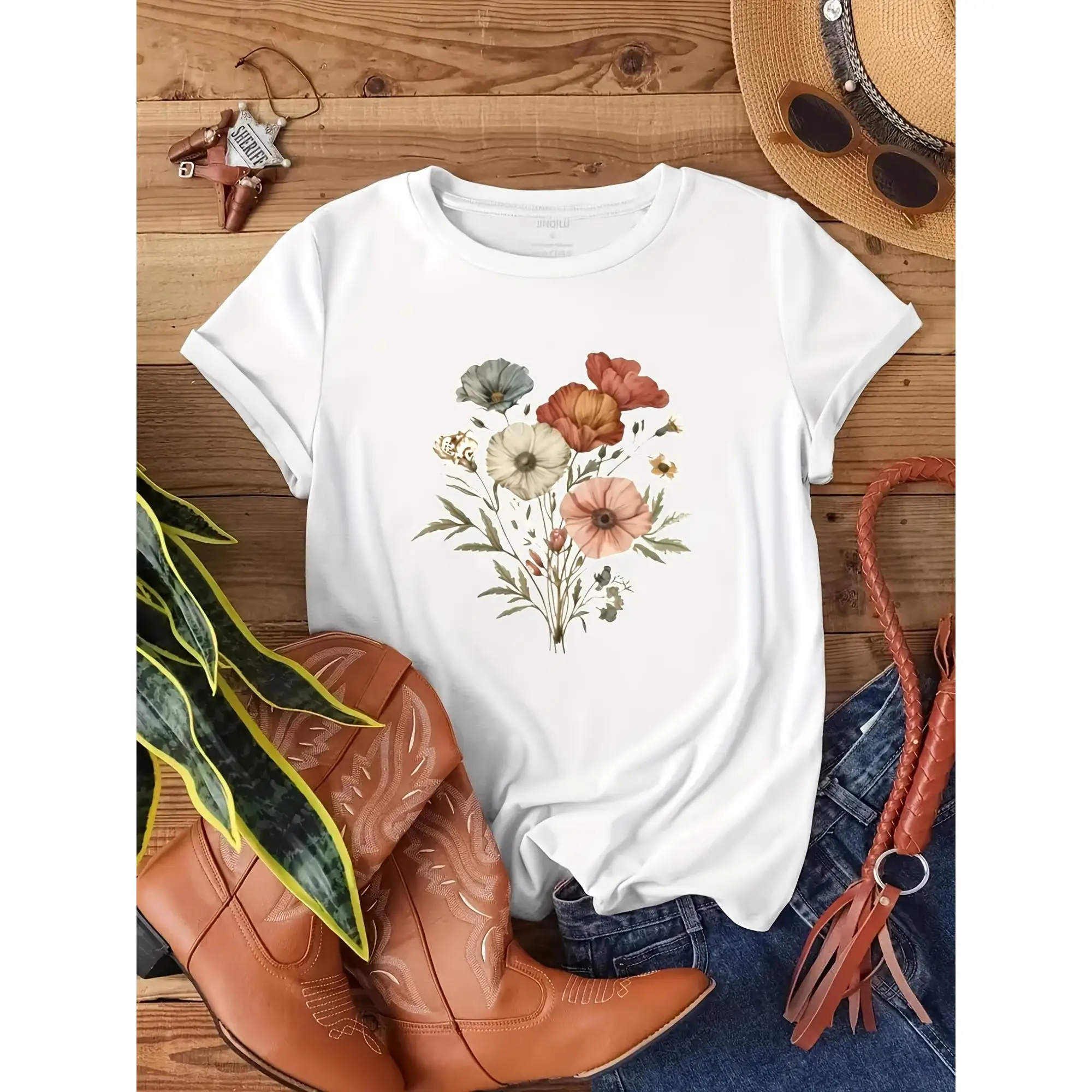 Women's Casual Short Sleeve T-Shirt - Romantic Floral Print Round Neck Top, Breathable Machine-Washable Fabric for Spring Summer 
Women's Casual Short Sleeve T-Shirt - Romantic Floral Print Round Neck Top, Breathable Machine-Washable Fabric for Spring Summer