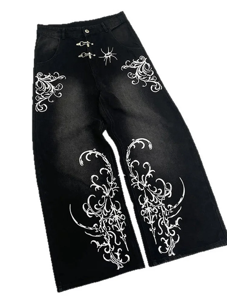 European and American Gothic subculture Y2K embroidered wide leg jeans made of distressed washed metal buckle loose floor pants
European and American Gothic subculture Y2K embroidered wide leg jeans made of distressed washed metal buckle loose floor pants