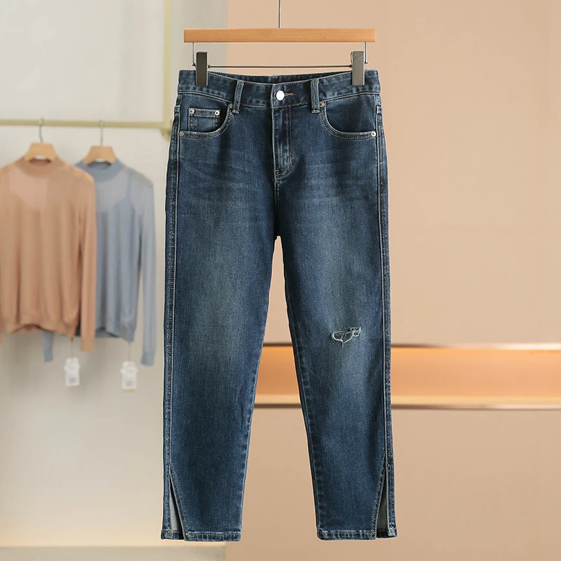 Deep Blue Micro Stretch Ripped Jeans High Waist Straight Leg Cotton Stretch Denim Zipper Closure Casual Spring Fashion
Deep Blue Micro Stretch Ripped Jeans High Waist Straight Leg Cotton Stretch Denim Zipper Closure Casual Spring Fashion