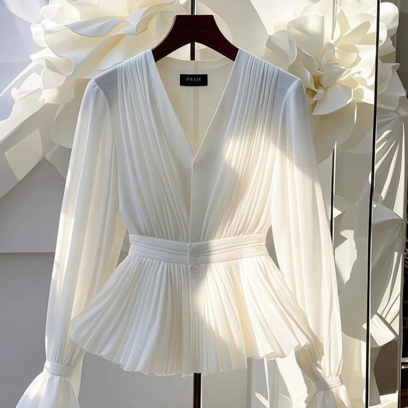 Spring Fall Women V Neck Full Flare Sleeve Fold Plated Ruffles White Chiffon Top T Shirt , Woman Fashion Elegant Tops Shirts
Spring Fall Women V Neck Full Flare Sleeve Fold Plated Ruffles White Chiffon Top T Shirt , Woman Fashion Elegant Tops Shirts