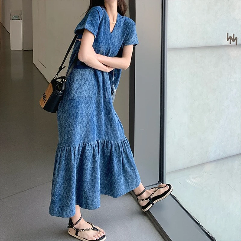 Women Long Dress Denim Dresses A Line Vestidos Y2k Streetwear V Neck Short Sleeve Casual Elegant Splice Party Night Work 2026
Women Long Dress Denim Dresses A Line Vestidos Y2k Streetwear V Neck Short Sleeve Casual Elegant Splice Party Night Work 2026