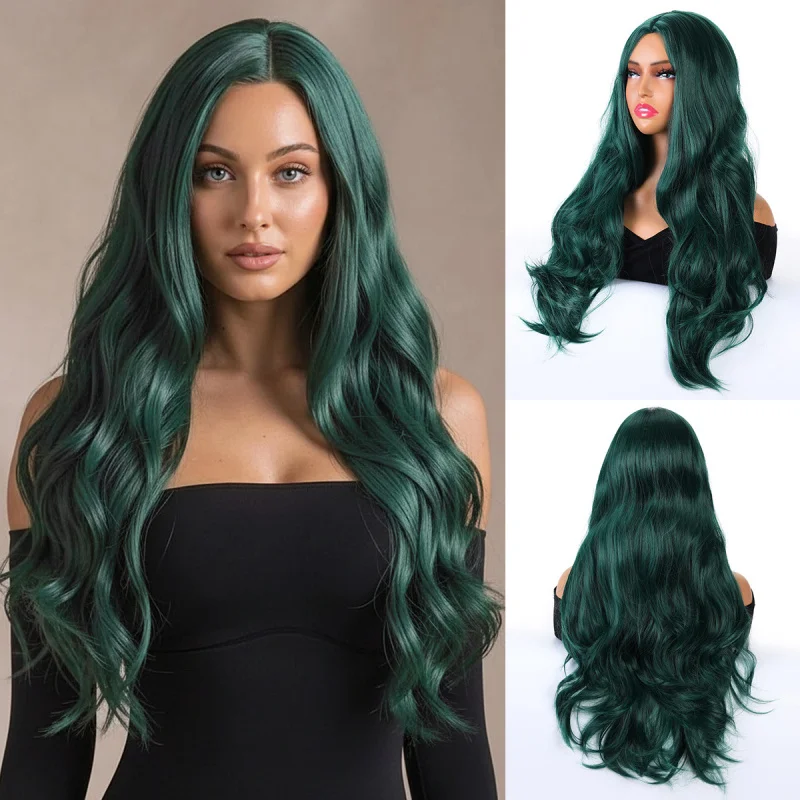 European and American style dark green wavy with lace front, long curly hair, naturally voluminous, everyday wig
European and American style dark green wavy with lace front, long curly hair, naturally voluminous, everyday wig