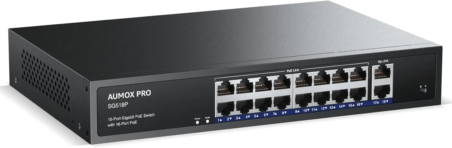 16 Port Gigabit PoE Switch, 18 Port Unmanaged with 2 Uplink, 250W, Plug and Play, Metal Desktop/Wall/Rackmount, 802.3af/at
16 Port Gigabit PoE Switch, 18 Port Unmanaged with 2 Uplink, 250W, Plug and Play, Metal Desktop/Wall/Rackmount, 802.3af/at