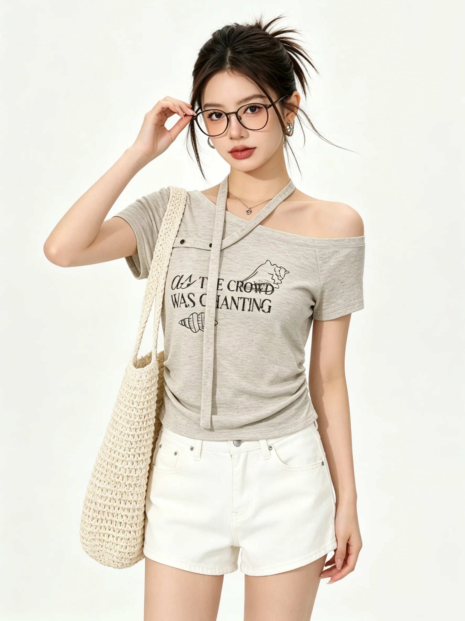 Retro Shoulder T-Shirt Short Sleeve Waist Cinched Slim Fit Skin Friendly Summer Print Sash Casual Style Women's Top
Retro Shoulder T-Shirt Short Sleeve Waist Cinched Slim Fit Skin Friendly Summer Print Sash Casual Style Women's Top
