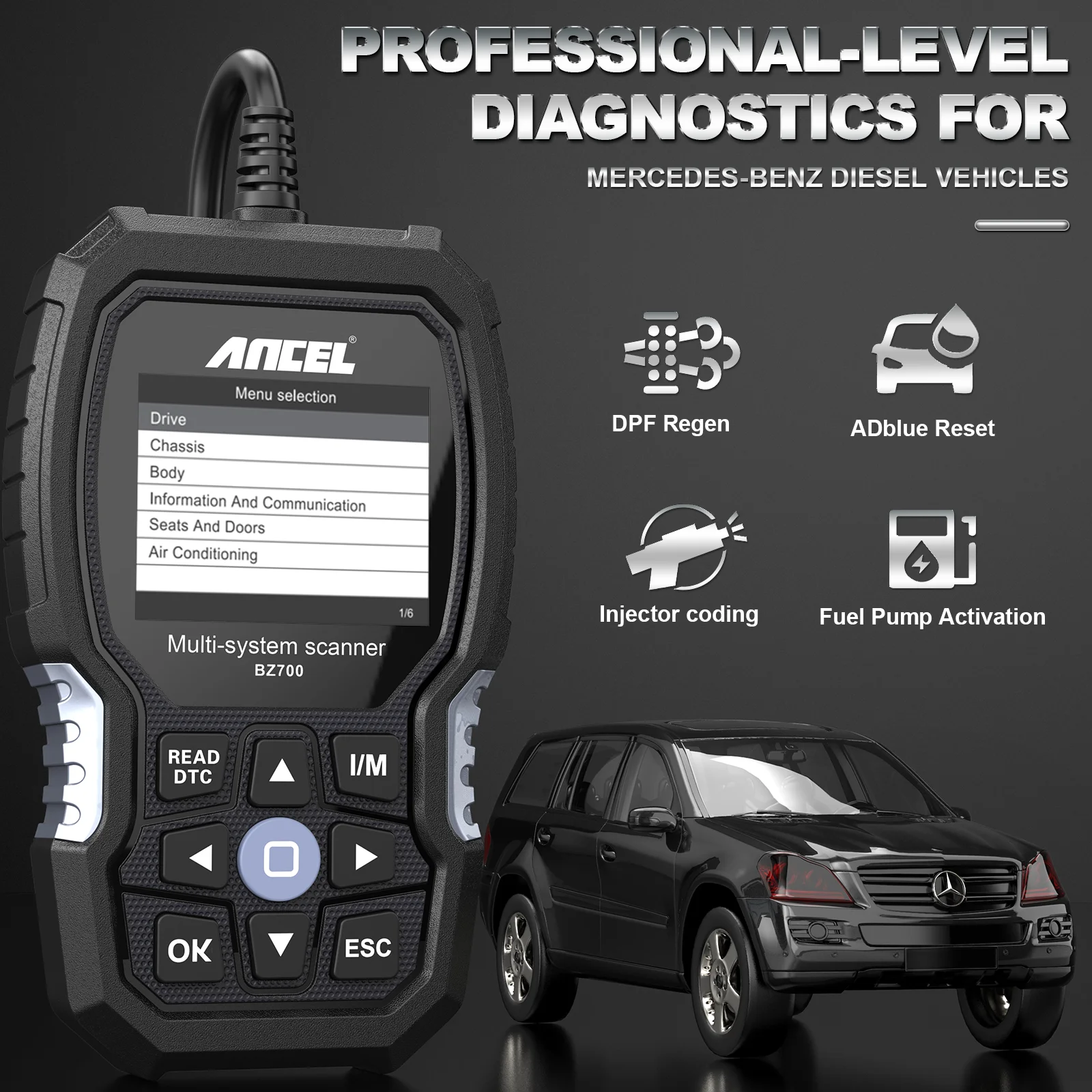 OBD2 Scanner for Mercedes Benz ANCEL BZ700 Car Code Reader ABS SRS SAS Oil Reset Engine Check All System Diagnostic Scan Tool
OBD2 Scanner for Mercedes Benz ANCEL BZ700 Car Code Reader ABS SRS SAS Oil Reset Engine Check All System Diagnostic Scan Tool