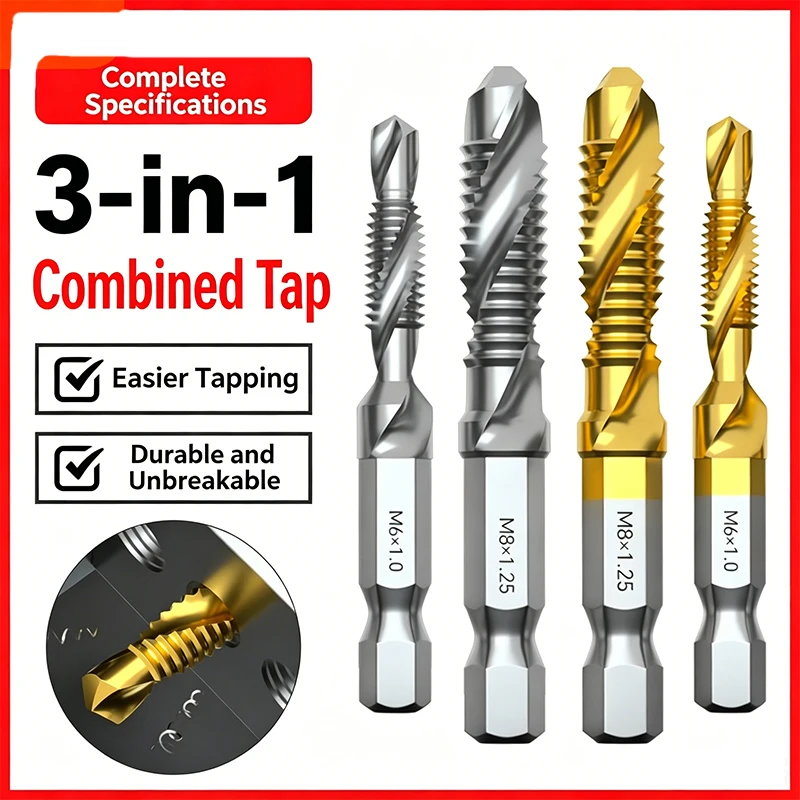 Titanium Coated Machine Tap Drill-Tap Integrated 3-In-One Compound Thread Tapping Drill Bit Set Sizes M3 M4 M5 M6 M8 M10
Titanium Coated Machine Tap Drill-Tap Integrated 3-In-One Compound Thread Tapping Drill Bit Set Sizes M3 M4 M5 M6 M8 M10