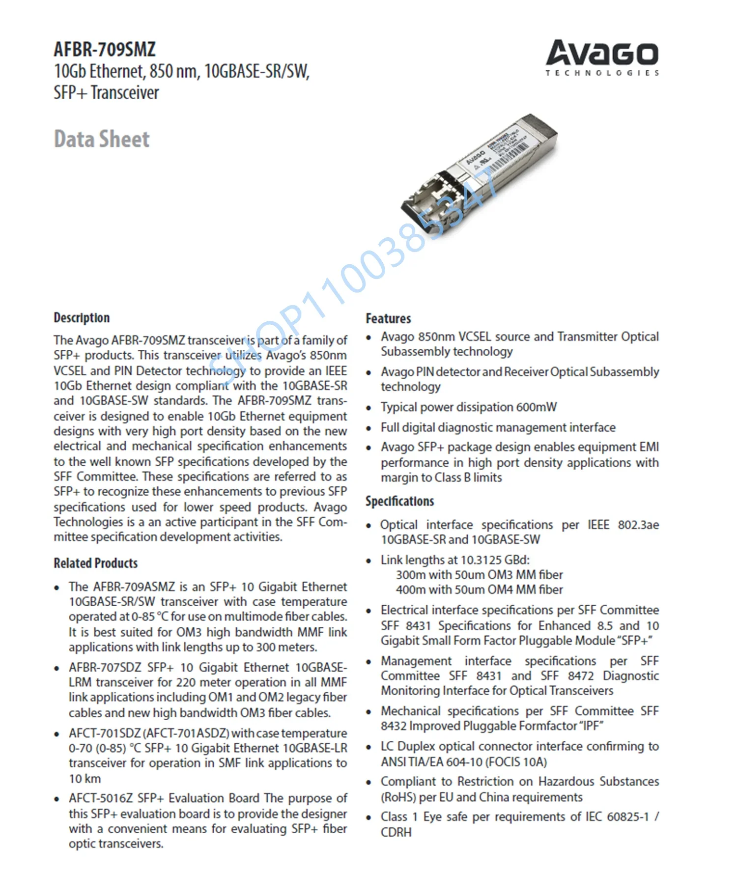 Original AVAGO sfp 10gb Module Multimode AFBR-709SMZ 10G SR 850nm sfp Switch/10G Network Adapter General Purpose Fiber Switch
Original AVAGO sfp 10gb Module Multimode AFBR-709SMZ 10G SR 850nm sfp Switch/10G Network Adapter General Purpose Fiber Switch
