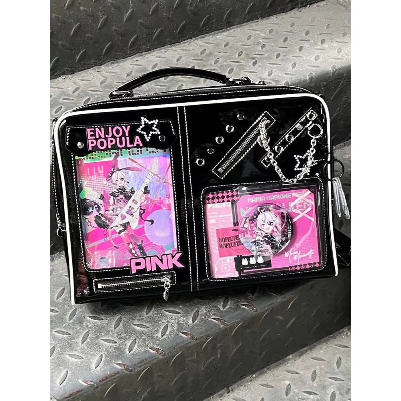 Black PU Ita Backpack, Double Clear Window Crossbody Bag with Chain & Rivet Detail, Punk Style for Anime Pin & Card Display
Black PU Ita Backpack, Double Clear Window Crossbody Bag with Chain & Rivet Detail, Punk Style for Anime Pin & Card Display