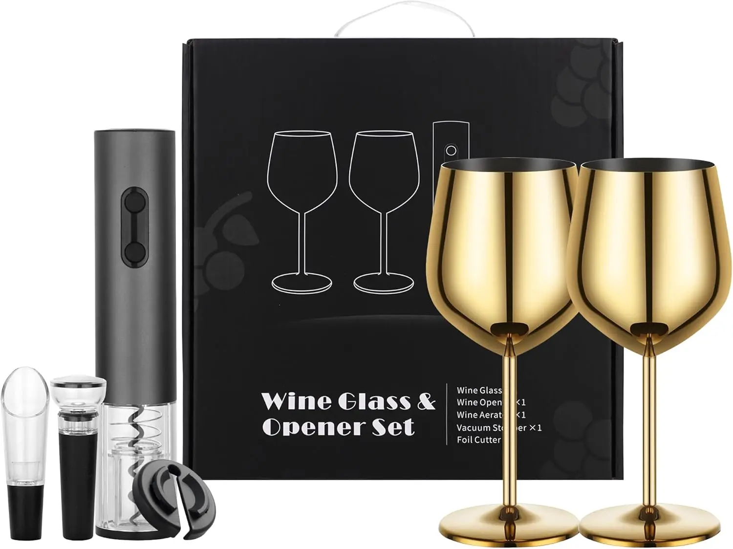 Electric Rechargeable Wine Opener Set with 2 Stainless Steel Glasses, Ideal Gift
Electric Rechargeable Wine Opener Set with 2 Stainless Steel Glasses, Ideal Gift