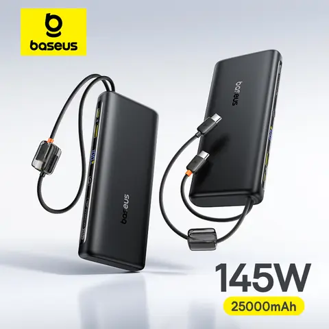 Baseus 25000mAh 145W Power Bank Built-In Dual USB-C Cable Fast Charge Digital Display Power Bank  For Mac iPhone 17 Samsung S25