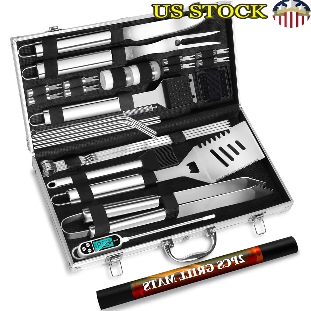 30pcs Heavy Duty Stainless Steel BBQ Grill Tool Set with Thermometer Utensils Fork Tongs Basting Brush Corn Holders Cleaning
30pcs Heavy Duty Stainless Steel BBQ Grill Tool Set with Thermometer Utensils Fork Tongs Basting Brush Corn Holders Cleaning
