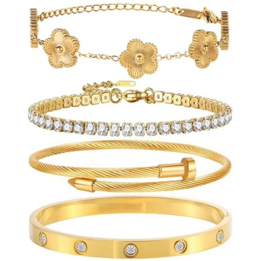 18K Plated Bangle Bracelet Set for Women Stackable Lucky Floral Adjustable Tennis Bracelet Non Tarnish Gift Jewelry for Christm
18K Plated Bangle Bracelet Set for Women Stackable Lucky Floral Adjustable Tennis Bracelet Non Tarnish Gift Jewelry for Christm