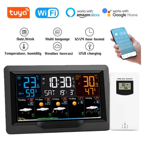 Tuya WIFI Smart Weather Station Temperature Humidity Meter Weather Forecast Indoor Outdoor Multifunctional Weather Alarm Clock