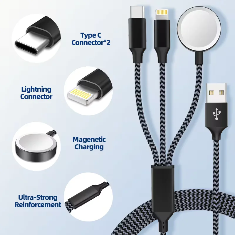 Кабель для быстрой зарядки 3 в 1, портативный многофункциональный зарядный кабель, позволяющий одновременно заряжать мобильный телефон и часы.
Кабель для быстрой зарядки 3 в 1, портативный многофункциональный зарядный кабель, позволяющий одновременно заряжать мобильный телефон и часы.