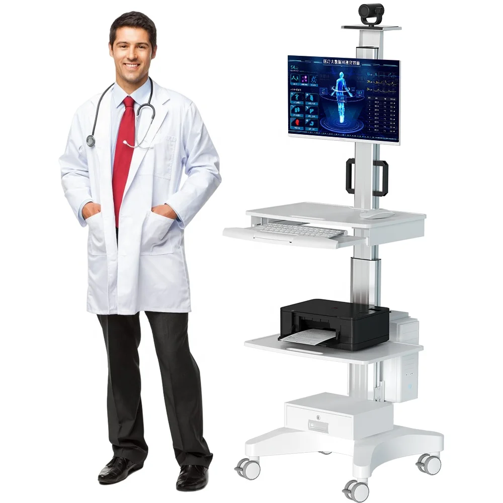 Height Adjustable Hospital Mobile Computer Cart Medical Monitor Cart Telemedicine Terminals for Hospital Home Office School
Height Adjustable Hospital Mobile Computer Cart Medical Monitor Cart Telemedicine Terminals for Hospital Home Office School
