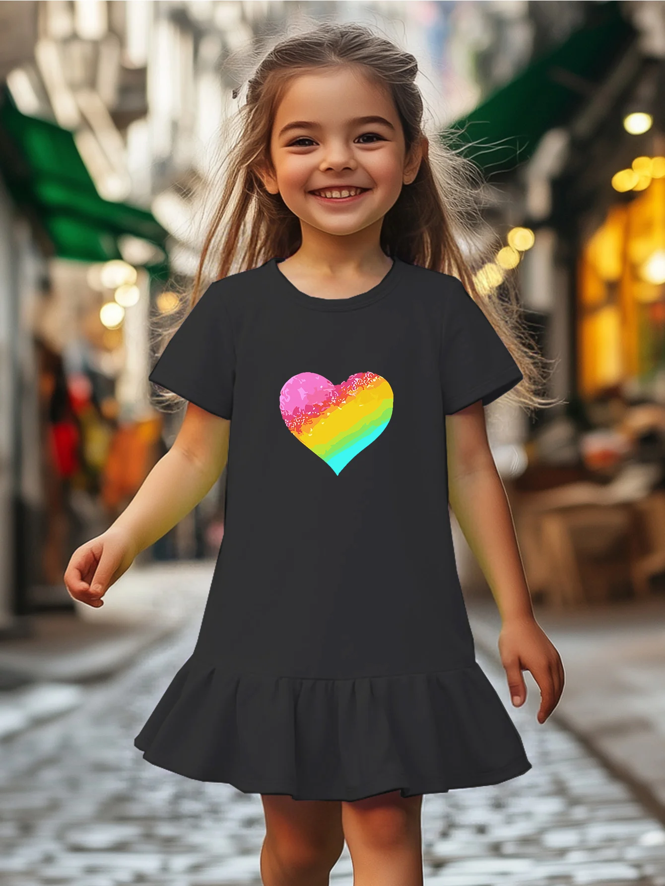 Summer casual dress for girls, with rainbow heart print design and ruffled hem, soft, breathable and comfortable.
Summer casual dress for girls, with rainbow heart print design and ruffled hem, soft, breathable and comfortable.