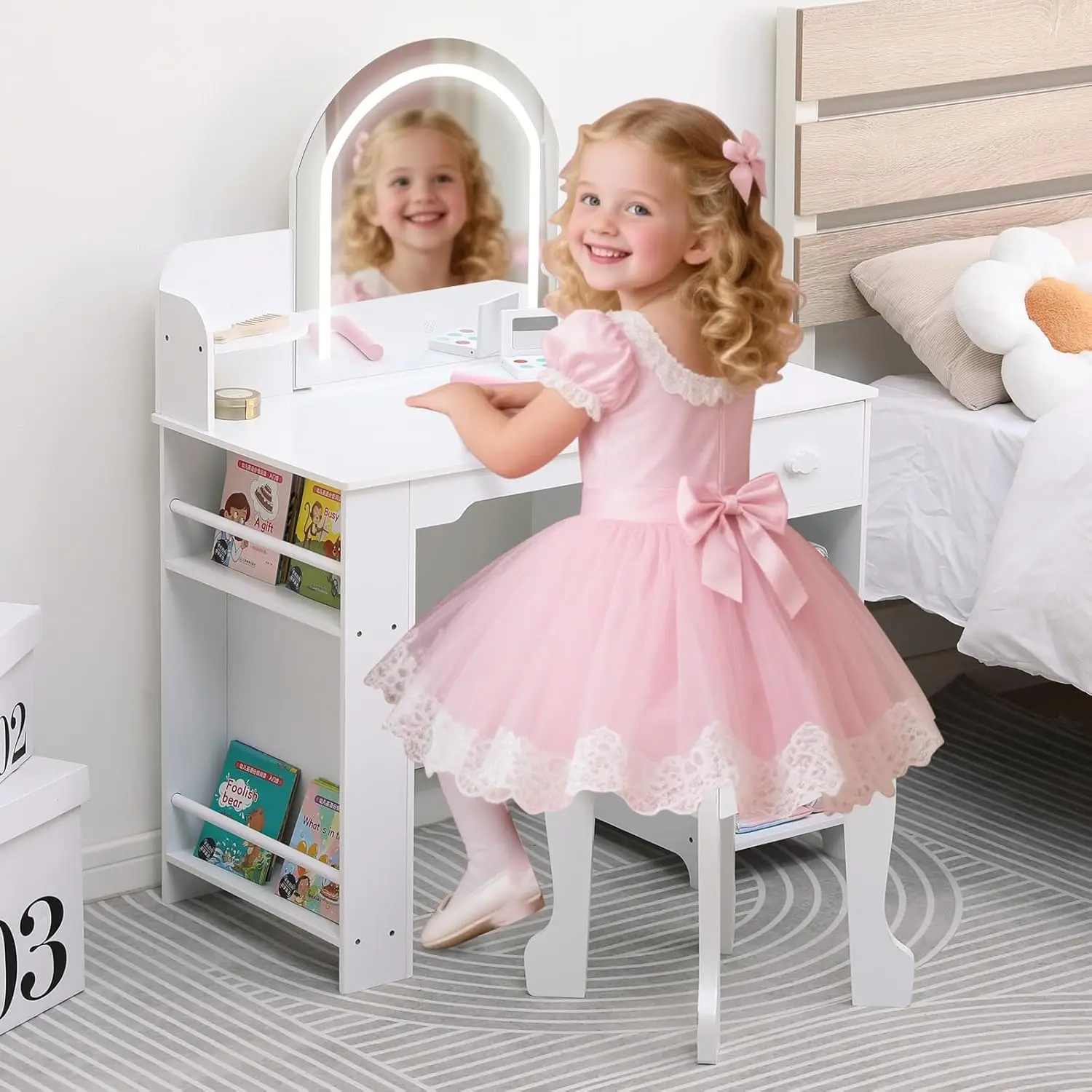 Girls Vanity Table and Chair Set,Kids Vanity with Lighted Mirror & Stool,Wooden Toddlers Princess Dressing Table with LED Light
Girls Vanity Table and Chair Set,Kids Vanity with Lighted Mirror & Stool,Wooden Toddlers Princess Dressing Table with LED Light