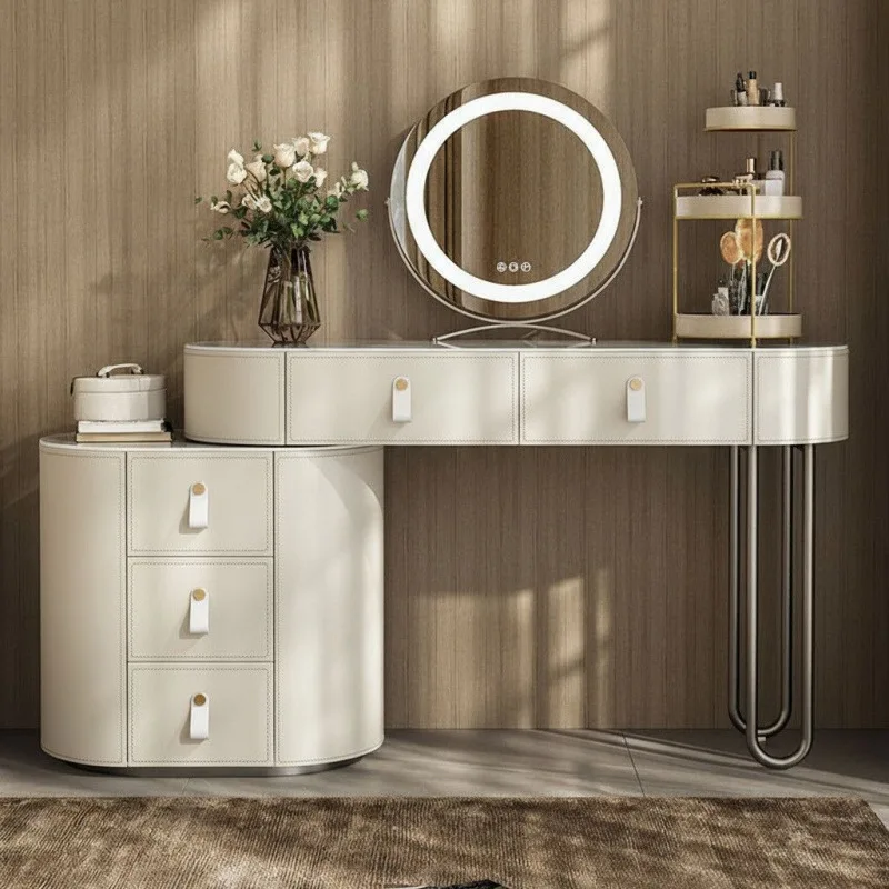 Makeup table E0 grade pine dresser thick rock slab countertop round mirror design saddle leather
Makeup table E0 grade pine dresser thick rock slab countertop round mirror design saddle leather