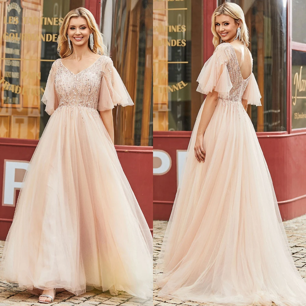 Luxury Evening Dresses V Neck Short Sleeves Appliques Lace Sweep Train Party Prom Gowns Customized Back-to-school Uniform
Luxury Evening Dresses V Neck Short Sleeves Appliques Lace Sweep Train Party Prom Gowns Customized Back-to-school Uniform