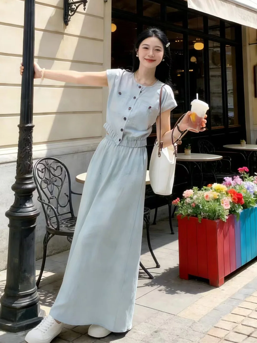 Slimming Blue round Neck Short Sleeve Women's Fashion Set 2026 Summer New High Waist Skirt And Shirt Two Piece Suit
Slimming Blue round Neck Short Sleeve Women's Fashion Set 2026 Summer New High Waist Skirt And Shirt Two Piece Suit