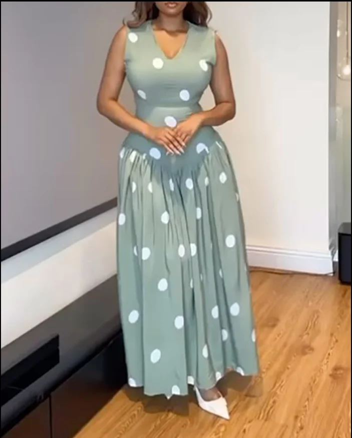 Women Elegant Dresses for Summer Wear Polka Dot V Neck Sleeveless Maxi Dress Female Casual High Waist A Line Flared Dress
Women Elegant Dresses for Summer Wear Polka Dot V Neck Sleeveless Maxi Dress Female Casual High Waist A Line Flared Dress