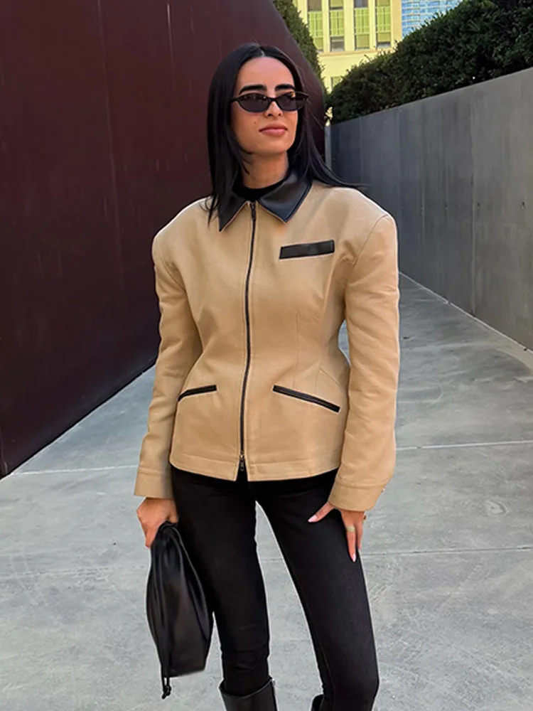 HH Woman Autumn Long Sleeves Zipper Artificial Leather Patchwork Effect Pocket Decoration Lapel Short Coat Female Casual Jacket
HH Woman Autumn Long Sleeves Zipper Artificial Leather Patchwork Effect Pocket Decoration Lapel Short Coat Female Casual Jacket